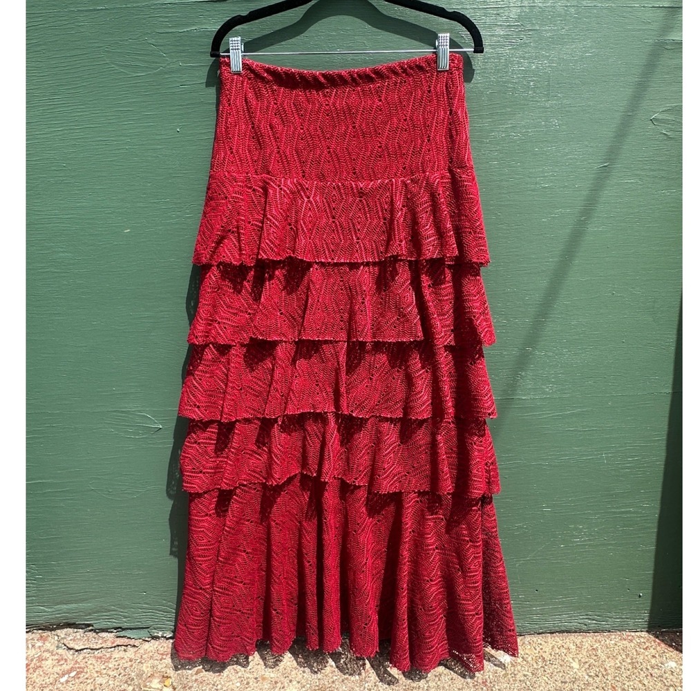 Paniz Deep Red Tiered Maxi Skirt M Lace Knit Renaissance Boho USA